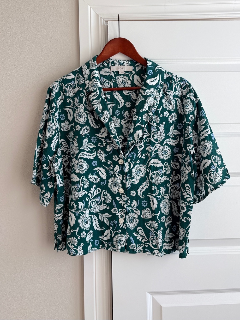LOFT Floral Twill Relaxed Everyday Shirt Green Lyocell L green oversized boxy